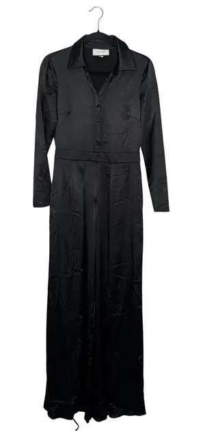 Alexis Jumpsuit Women S Black Excellent Satin Long Sleeve Wide Leg Collared thumbnail 1