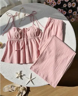 SheIn Dusty Pink Tie-Shoulder 100% Cotton Set thumbnail 1