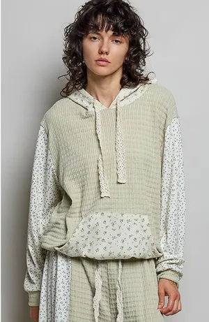 POL Mixed Knit Contrast Print Sleeve Hoodie with Kangaroo Pocket - Sage - Medium thumbnail 1