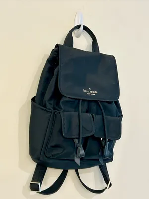 Kate Spade New York Carly Flap Drawstring Backpack in Black Technical Nylon thumbnail 4