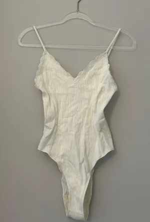 Forever 21 White Lace-Trimmed Bodysuit (Double-Lined Chest, Not See-Through) thumbnail 1