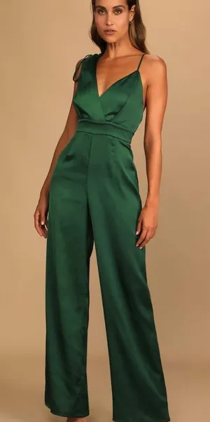 Lulus Look Of Emerald Green Satin Jumpsuit thumbnail 1