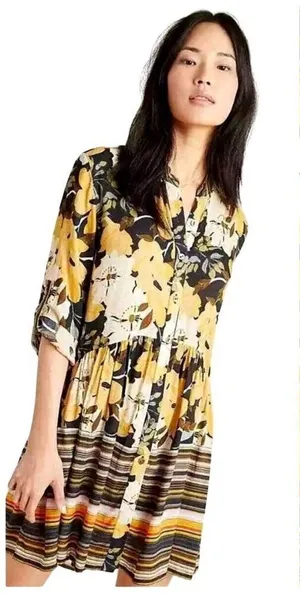 Anthropologie Blank‎ London Yellow Floral Button Front Hadley Tunic Dress XS thumbnail 1