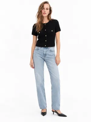 H&M Small Black Short Sleeve Knit Cardigan Gold Buttons Cropped Preppy Chic Top thumbnail 3