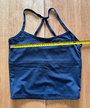 Women Navy Blue Strappy Racerback Yoga Crop Tank Top Built-in Bra Large thumbnail 1
