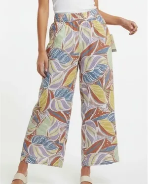 C&C California Linen Wide Leg Tropical Leaf crop Pants Multi M boho resort retro thumbnail 1