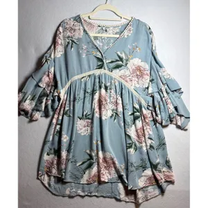 Umgee Floral Babydoll Tunic Top Blue Pink Ruffle Bell Sleeve Boho L thumbnail 3