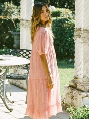 Sabo Skirt Pink Textured Tiered Midi Dress Puff Sleeve V-Neck XS thumbnail 2