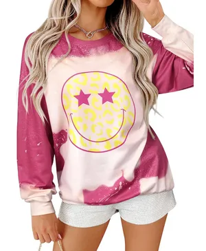 Women Long Sleeve Smiley Face Pullover Gradient Tops T Shirt, Small - New thumbnail 1