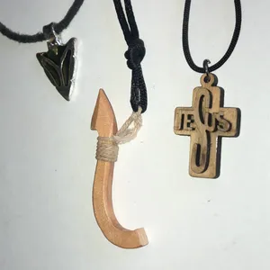 Set of 3 Boho Pendant Necklaces — Silver Tone Arrow & Wooden Jesus Cross thumbnail 2