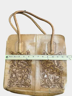 Vintage Mexican Hand Tooled Leather Tote Floral Carved Western Boho Shoulder Bag thumbnail 8