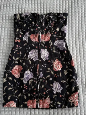 Tularosa Strapless Black Mini Dress with Pink & Purple Floral Print thumbnail 1