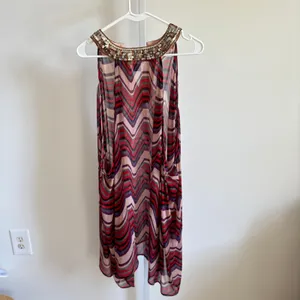 Free People EUC Women's Chevron Striped Mini Dress Sheer Chiffon Sequin Neck L thumbnail 6