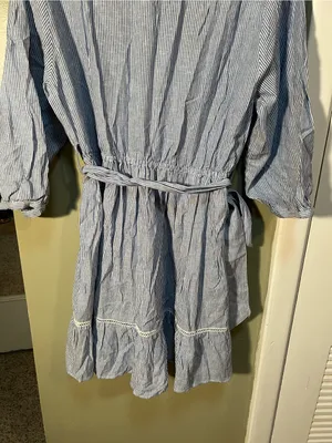 Zara Women's Size Large Mini Shirt Dress Blue White Stripes Crochet Belted Linen thumbnail 11