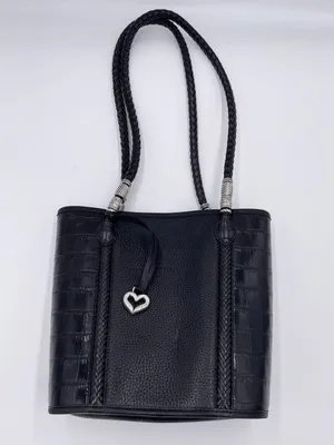 Vintage Brighton Black Pebbled Leather Croc Embossed Shoulder Bag Bucket Tote thumbnail 2