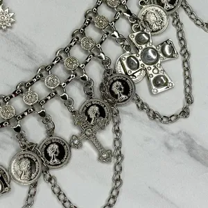 Rhinestone Cross and Coin Charm Silver Tone Metal Chain Link Belt OS One Size thumbnail 7