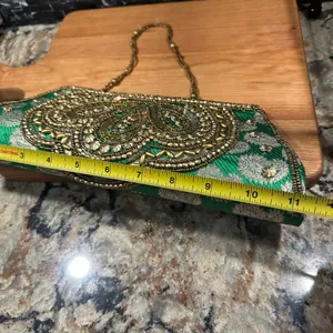 Evening Bag Beaded Sequin Clutch India Purse Green Gold Prom Formal thumbnail 9