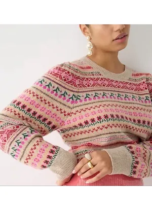 J. Crew Puff-sleeve Cherry Fair Isle Crewneck‎ Sweater Size Small girly dainty thumbnail 9