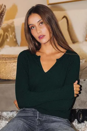 Lulus Lacefield Hunter Green Notched Long Sleeve Sweater Top Ribbed XS NWT thumbnail 1
