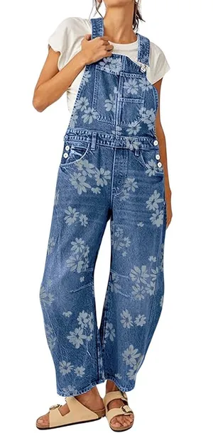Floral denim overall baggy barrel jeans thumbnail 1