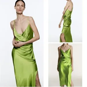 NWT ZARA Bright Green Satin Slip Midi Dress Sz XL Drapey Wrap Side Slit thumbnail 5