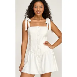 Zara Oyster White Strappy Pleated Smocked Cotton Blend Short Dress Size S thumbnail 3