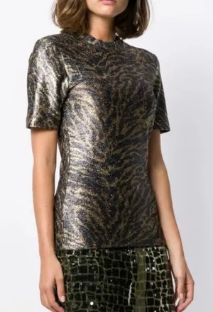 Ganni Lurex T-Shirt Tiger Print Metallic Size 42 / Large NWT thumbnail 1