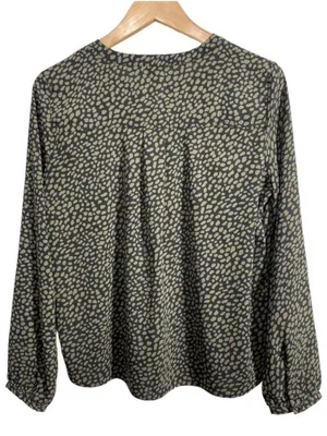 Ann Taylor Green & Black Printed Long Sleeve Blouse Size S Pleated Front thumbnail 7