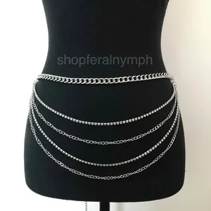 Y2K Glam Silver Rhinestone Draped Chain Belt, Fits 18–42 Inches, X7GA1196 thumbnail 1