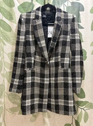 Zara Black and Beige Plaid Tweed Blazer thumbnail 1