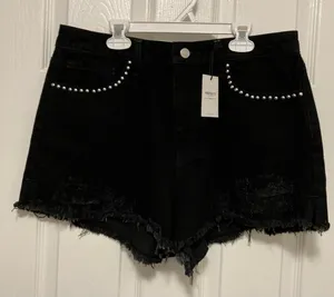 *Forever 21 Premium New Black Stud Accents Frayed Hem Distressed Denim Shorts #M thumbnail 1
