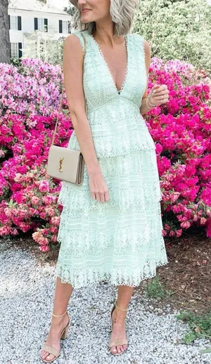 Light Green Tiered Lace V Neck Midi Dress thumbnail 1