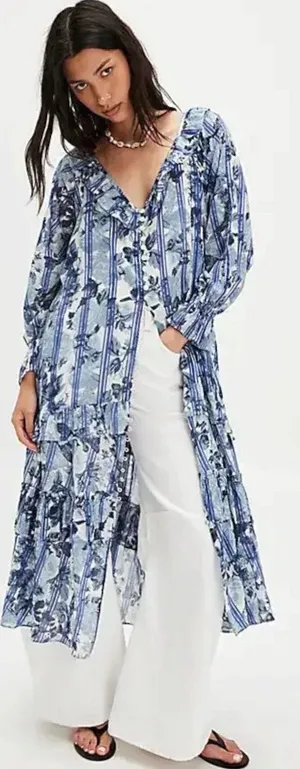 Free People Dainty Ruffle Cottage Garden Wonders Maxi Dress in Blue Combo Small thumbnail 1