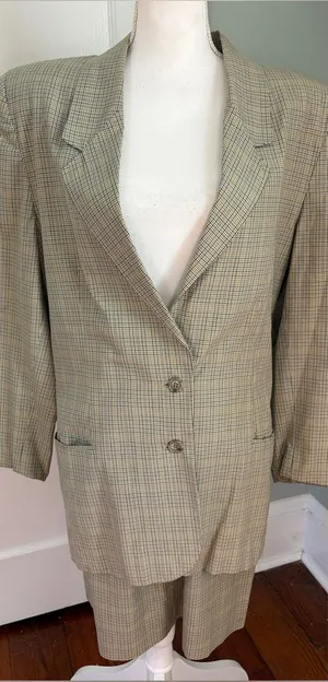Vintage 1990s Ann Taylor Plaid Skirt Suit Set Yellow Blue Size 8 / 10 Cotton thumbnail 1