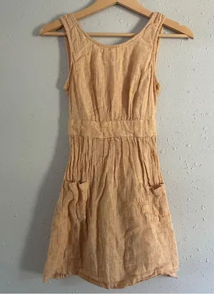 🦋Linen Blend Yellow Tan Sleeveless Mini Dress Casual Summer Neutral XS thumbnail 2