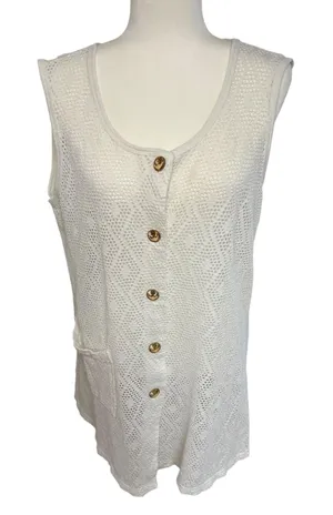 VTG White Crochet Button Up‎ Beach Cover Up Top Anchor Gold Buttons L-XL Resort thumbnail 1