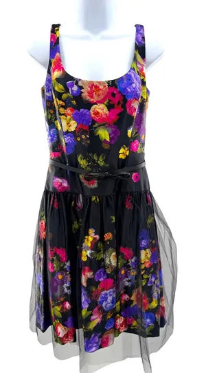 Milly Natalie Floral Cocktail‎ Dress Black Multi Tulle Skirt Bow Belt 10 NEW thumbnail 1