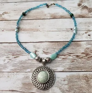Vintage Necklace - Blue/Aqua/Turquoise Tone Beaded Necklace with Pendant thumbnail 1