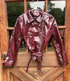 New Y2K 2000s style pleather snakeskin burgundy belted motorcycle jacket S nwot thumbnail 1