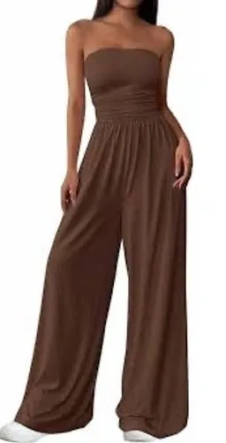 PrettyGarden Brown Strapless Wide Leg Jumpsuit Large Smocked Tube‎ Top Pockets thumbnail 1