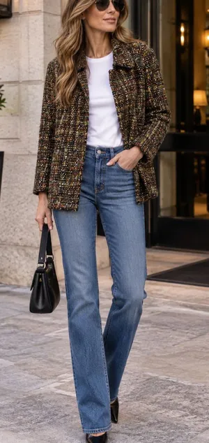 Ellen Tracy Cotton Wool Blend Multicolor Tweed Bouclé Jacket in Earth Tones thumbnail 1