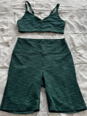 Outdoor Voices matching set of Dark Teal Heather Bike Shorts & sport bra, size S thumbnail 1