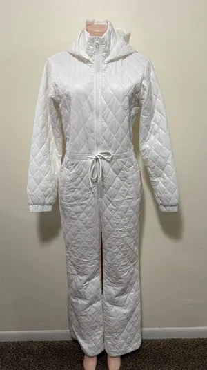 Divided woman white puffy snow ski suit size small zip up hooded thumbnail 1