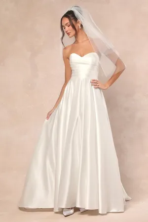 Lulus Khalida White Satin Pleated Strapless Gown Wedding Formal A Line Small NWT thumbnail 1