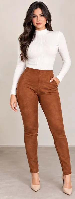 High-Rise Faux Suede Skinny Pants — Cognac thumbnail 1
