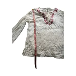 Vintage Ivory/Burgundy Embroidered Lace Up Peasant Crinkle Long Sleeve Top Boho thumbnail 9