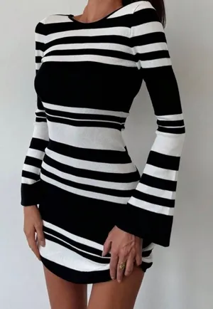 Aloruh Modern Casual Fitted Mini Backless Tie Flared Sleeve Striped Knit Sweater thumbnail 1
