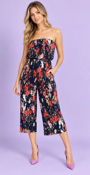 NWT 19 COOPER Women's Denim Blue Floral Strapless Pleated Cropped Jumpsuit Sz S thumbnail 1