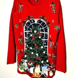 Vintage 90s Metropolitan New York Red Ugly Tree Bows Candy Cane Sweater Size S thumbnail 1