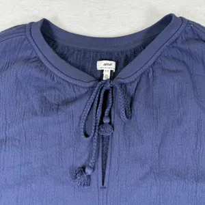 Aerie Blue Textured Boho Tassel Tie Split Neck Puff Sleeve Top Size‎ Medium thumbnail 2